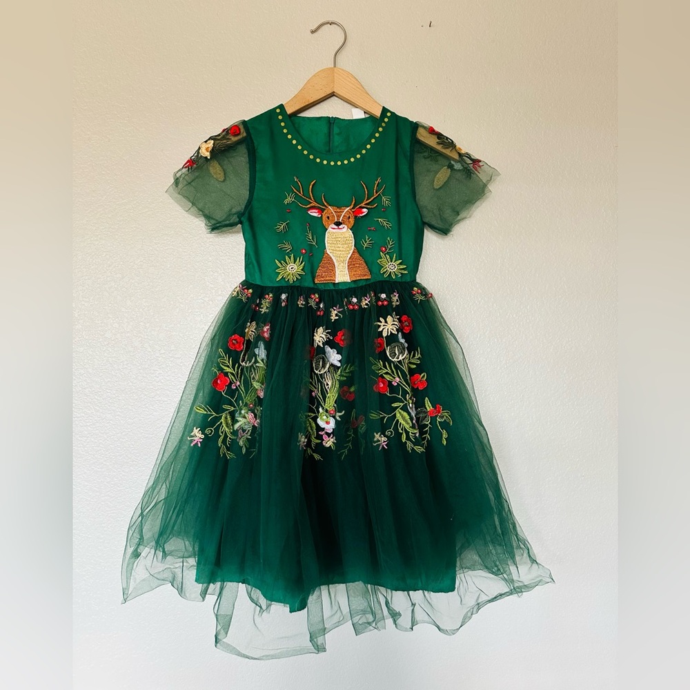 Like New Mini Taylor Green Deer Embroidered till dress size 8-9